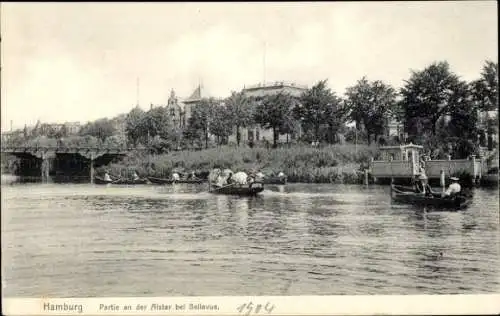 Ak Hamburg, Alster bei Bellevue, Boote, Brücke