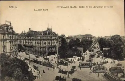 Ak Berlin Tiergarten, Potsdamer Platz, Straßenbahnen, Blick in die Leipziger Straße