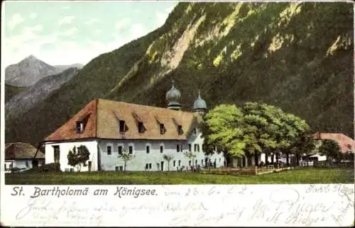 Ak Sankt Bartholomä Schönau am Königssee, Gebäude, Türme, Berge