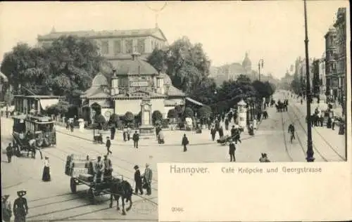 Ak Hannover in Niedersachsen, Cafe Kröpcke und Georgstraße, Straßenbahn