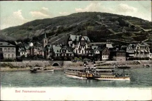 Ak Assmannshausen Rüdesheim am Rhein, Schiff, Fachwerkhäuser