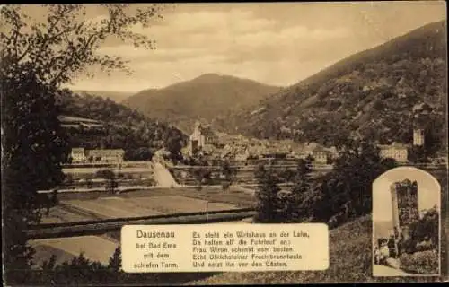 Ak Dausenau Rhein Lahn Kreis, Teilansicht des Ortes mit schiefen Turm