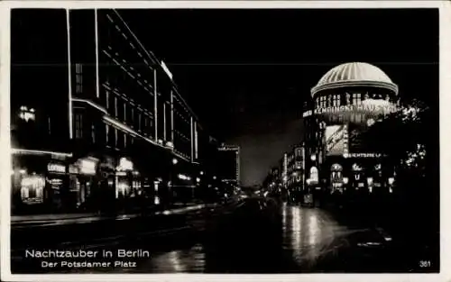 Ak Berlin Tiergarten, Potsdamer Platz bei Nacht, Lichtspielhaus, Kempinski, Allianz Versicherungen