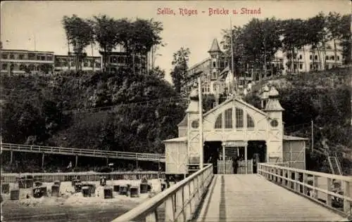 Ak Ostseebad Sellin auf Rügen, Brücke, Strand