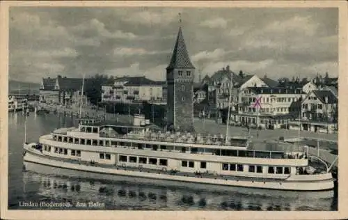 Ak Lindau am Bodensee Schwaben, Dampfschiff, Hafen, Hotel