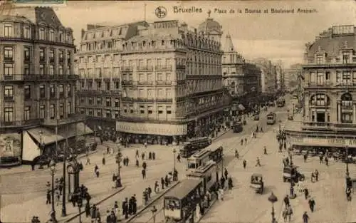 Ak Brüssel Brüssel, Place de la Bourse, Boulevard Anspach, Straßenbahn