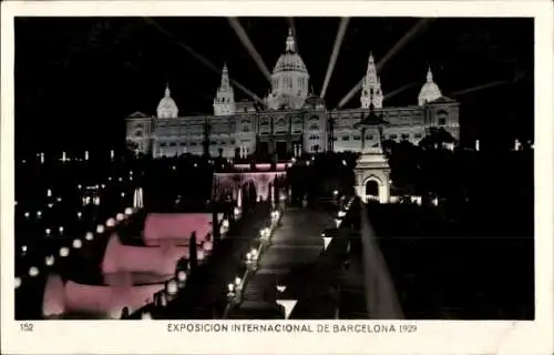 Ak Barcelona Katalonien Spanien, Nationalpalast bei Nacht, beleuchtet, Weltausstellung 1929