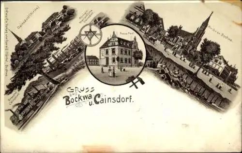 Litho Cainsdorf Zwickau in Sachsen, Brauerei, Königin Marienhütte, Neue Post, Kirche Bockwa