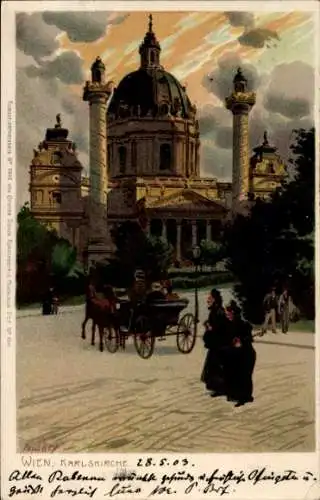 Künstler Litho Hey, Paul, Wien 1. Innere Stadt Österreich, Karlskirche, Kutsche