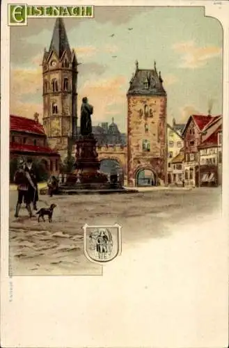 Litho Lutherstadt Eisenach in Thüringen, Marktplatz, Denkmal, Turm