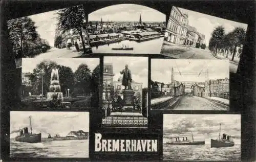 Ak Bremerhaven, Totalansicht, Denkmal, Brücke, Dampfer, Kirchenplatz