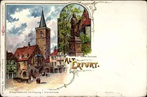 Litho Erfurt, Aegidienkirche, Eingang zur Krämerbrücke, Luther-Denkmal