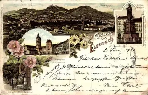 Litho Lutherstadt Eisenach in Thüringen, Stadtpanorama, Luther Denkmal, Karlsplatz, Nicolaitor