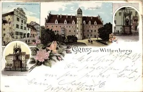 Litho Lutherstadt Wittenberg, Lutherhaus, Luther Denkmal, Melanchtondenkmal u. Haus