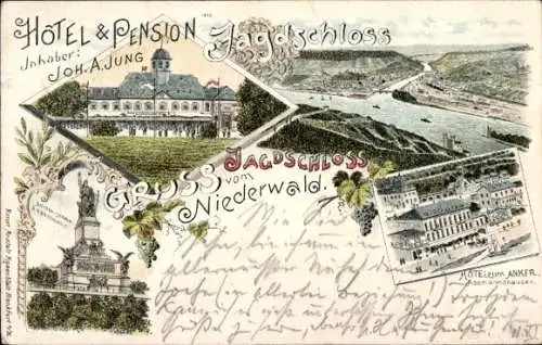 Litho Rüdesheim am Rhein, Hotel Pension Jagdschloss Niederwald, Hotel zum Anker, Nationaldenkmal