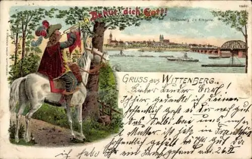 Litho Lutherstadt Wittenberg, Panorama, Elbe, Trompeter von Säckingen, Behüt dich Gott