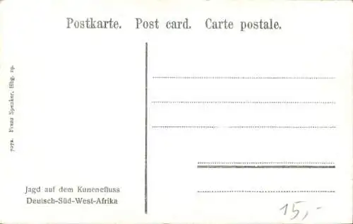 Ak Deutsch Südwest Afrika Namibia, Jagd auf dem Kunenefluss, Jäger mit Gewehr