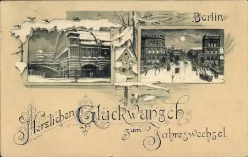 Mondschein Ak Berlin, Bahnhof, Straße, Glückwunsch Neujahr