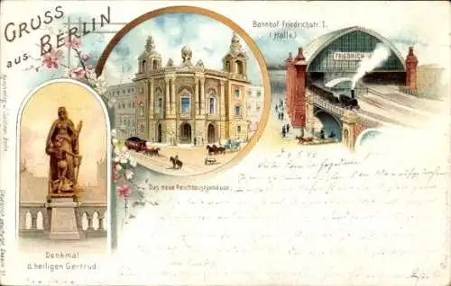 Litho Berlin, Bahnhof Friedrichstraße, Denkmal der hl. Gertrud, Reichspostgebäude