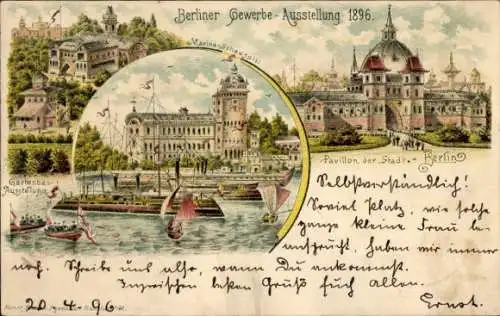 Litho Berlin, Gewerbeausstellung 1896, Pavillon der Stadt, Gartenschau