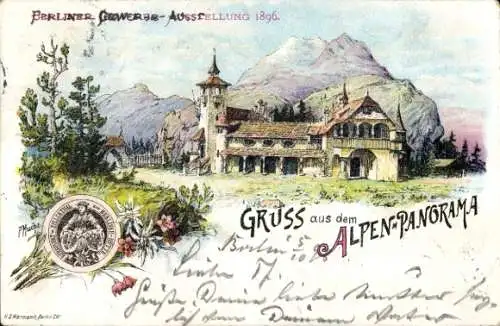 Künstler Litho Mucha, P., Berlin, Gewerbe-Ausstellung 1896, Alpenpanorama