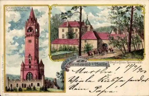 Litho Berlin Grunewald, Jagdschloss Grunewald, Kaiser-Wilhelm-Aussichtsturm