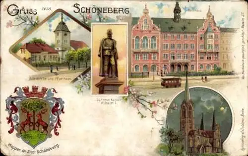 Mondschein Wappen Litho Berlin Schöneberg, Alte Kirche, Pfarrhaus, Apostel-Paulus-Kirche, Denkmal