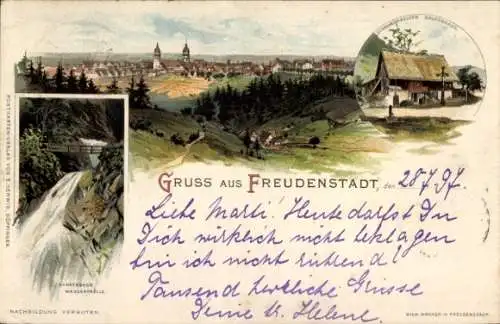 Litho Freudenstadt im Schwarzwald, Gesamtansicht, Wasserfall, Schwarzwälder Bauernhaus