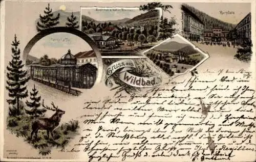 Litho Bad Wildbad im Schwarzwald, Gesamtansicht, Kurplatz, Hirsch