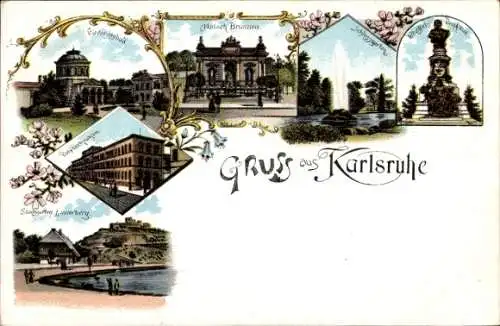 Litho Karlsruhe in Baden Württemberg, Vierordtsbad, Matschbrunnen, Schlossgarten, Polytechnikum