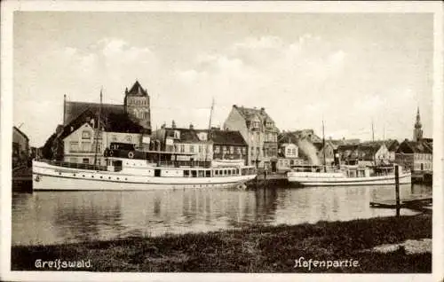 Ak Hansestadt Greifswald, Hafen, Dampfer