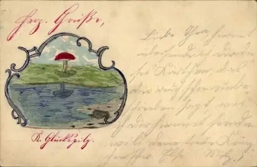 Handgemalt Ak Roter Pilz, Teich, Wiese, Kitsch