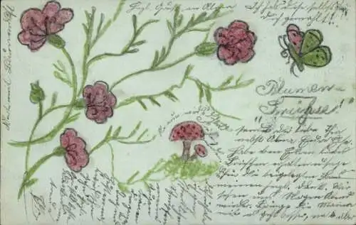 Handgemalt Ganzsachen Ak Blühende Blumen, Schmetterling, Pilze