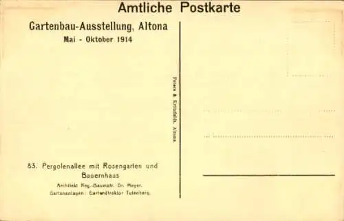 Ak Hamburg Altona, Gartenbau-Ausstellung 1914, Pergolenalle mit Rosengarten, Bauernhaus