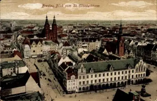 Ak Wrocław Breslau Schlesien, Gesamtansicht, Sankt-Elisabethturm