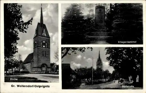 Ak Großwoltersdorf Landkreis Oberhavel, Kirche, Dorfstraße, Kriegerdenkmal