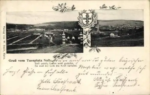 Ak Naila in Oberfranken, Einweihung des Turnplatzes 1905, Wappen, Stadtblick