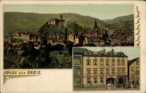 Litho Greiz im Vogtland Thüringen, Gesamtansicht, Hotel zum Löwen