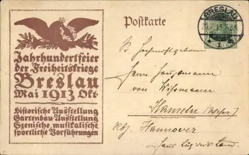 Ganzsachen Ak Wrocław Breslau Schlesien, Jahrhundertfeier der Freiheitskriege 1913