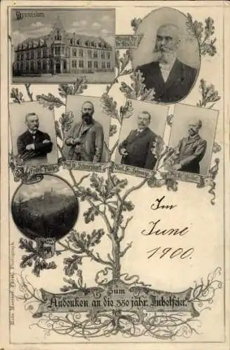 Ak Gymnasium, 350-jährige Jubelfeier 1900, Dr. Friedel, Prof. Fischer, Dr. Lehmann, Wappen, Eiche