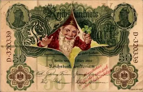 Ak Reichsbanknote, Geldschein, Zwerg, Glücksklee