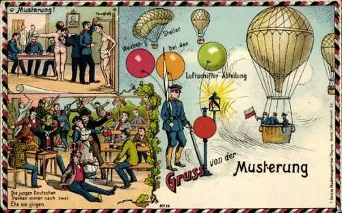 Litho Musterung, Ballon, Soldatenleben, Weichensteller bei der Luftschiffer Abteilung