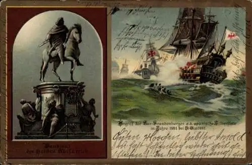 Litho Großer Kurfürst Friedrich Wilhelm Brandenburg, Segelschiffe, Gefecht 1681