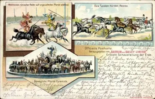 Litho Zirkus, Barnum and Bailey Ltd, Tandem Hürden Rennen, römische Reiter, Pferdepyramide