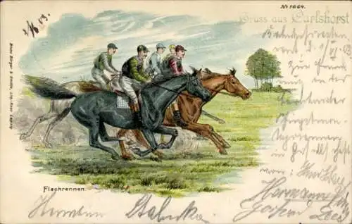 Künstler Litho Flachrennen, Pferderennsport, Jockeys, Pferde