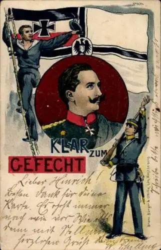 Litho Klar zum Gefecht, Kaiser Wilhelm II., Deutsche Soldaten, Fahnen