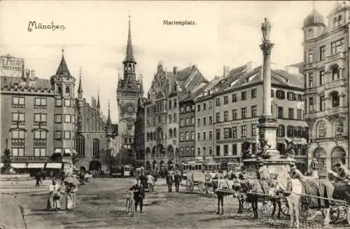 Ak München, Marienplatz, Pferde, Fahrrad, Geschäfte