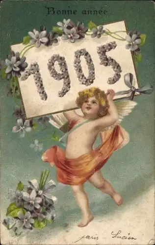 Präge Litho Glückwunsch Neujahr, Engel, Jahreszahl 1905, Veilchen