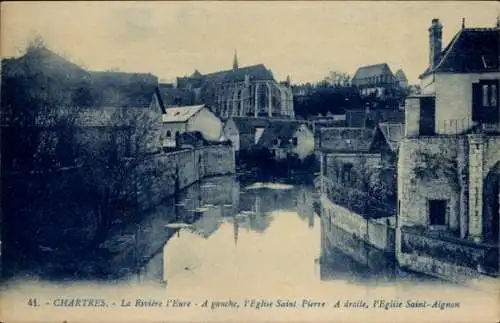 Ak Chartres Eure et Loir, La Riviere l'Eure, Eglise Saint Pierre, Eglise Saint Aignan