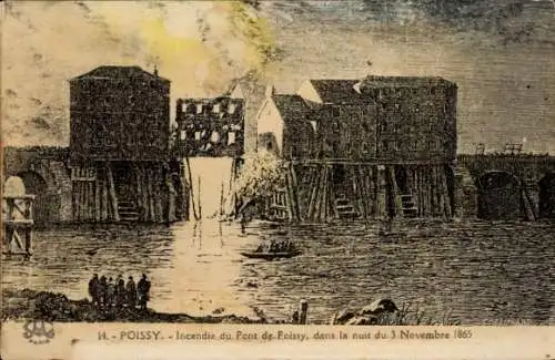 Ak Poissy Yvelines, Brand der Brücke am 3. November 1865